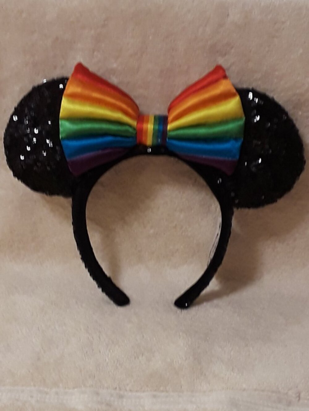 Disney Park Rainbow Collection Minnie Mouse Ears Headband Black Sequin/Satin Bow